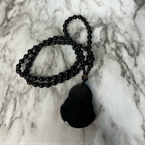 JADE obsidian Black Hand Carved Maitreya Buddah Pendant Necklace - Picture 7 of 9